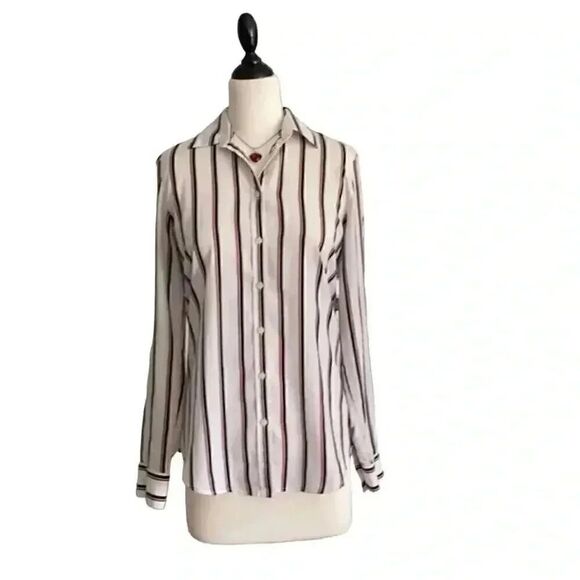 Banana Republic Women's White/Navy/Red Striped Poly Button Down Dillon Shirt - Picture 1 of 10